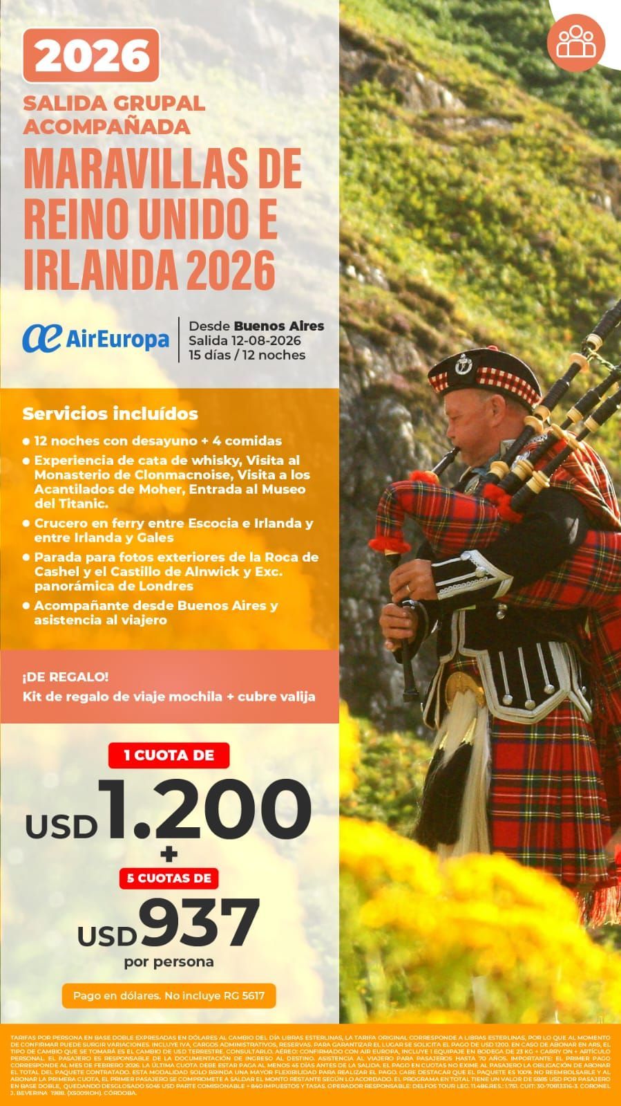Maravillas de Reino Unido e Irlanda 2026 travel poster with Scottish man in tartan beside prices and itinerary details
