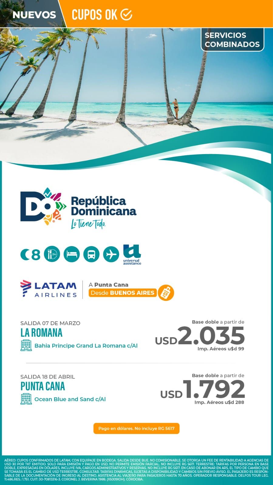 Promoción de viajes al Caribe para República Dominicana con escenas de playa y precios de paquetes turísticos en dólares estadounidenses.