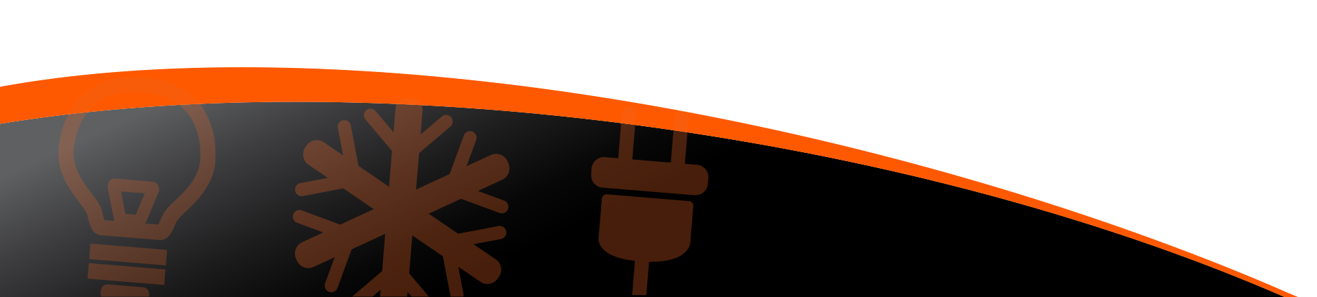 Orange electrical icons on a black background, with an orange curved stripe at the top.
