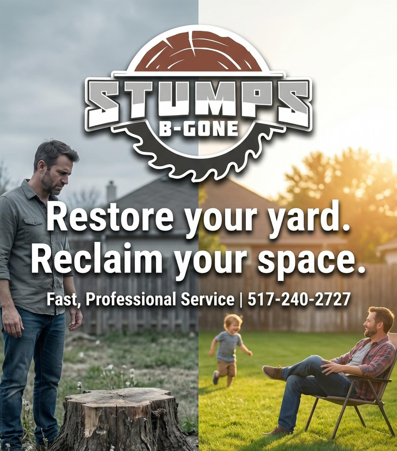 Stumps B-Gone ad: worker clears a yard, with a stump and a relaxed lawn scene; text says restore your yard.