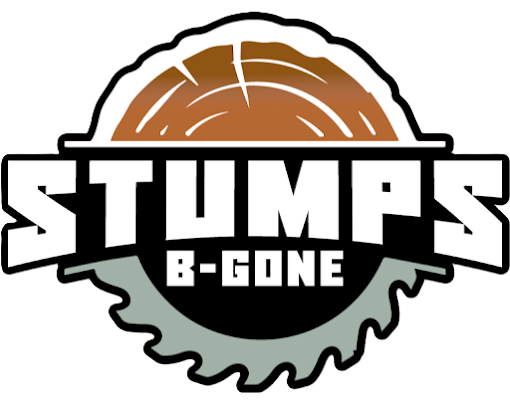 Stumps B-Gone logo with stylized orange stump and black saw blade design