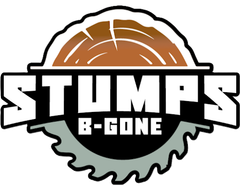 Stumps B-Gone logo with stylized orange stump and black saw blade design