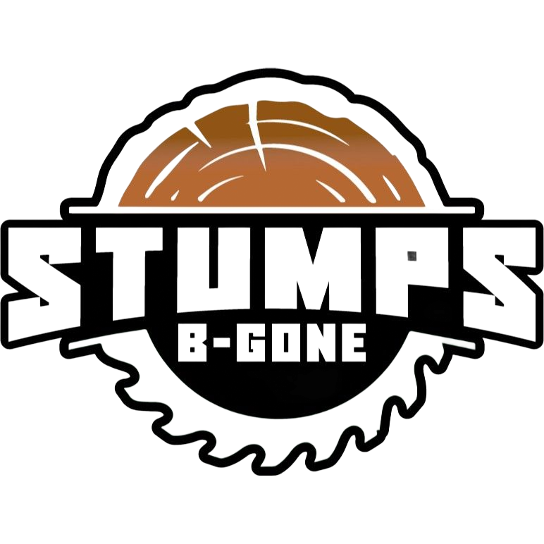 Stump B-Gone logo with a brown tree ring and black-and-white saw blade emblem