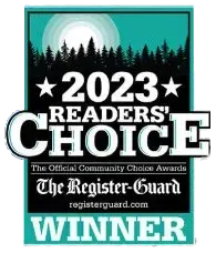 2023 Readers' Choice award from The Register-Guard: teal square with stars, forest, sun, and 2023 Readers' Choice award from The Register-Guard: teal square with stars, forest, sun, and