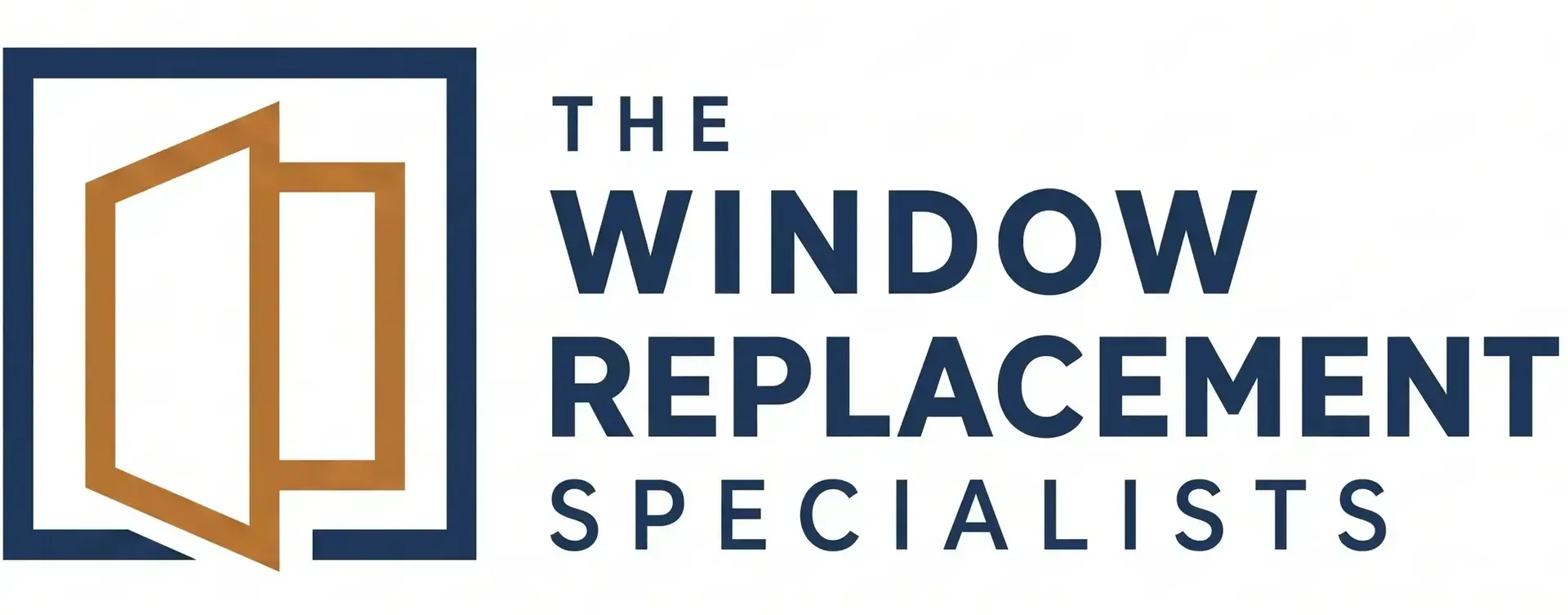Logo for The Window Replacement Specialists with blue and gold window icon and navy text