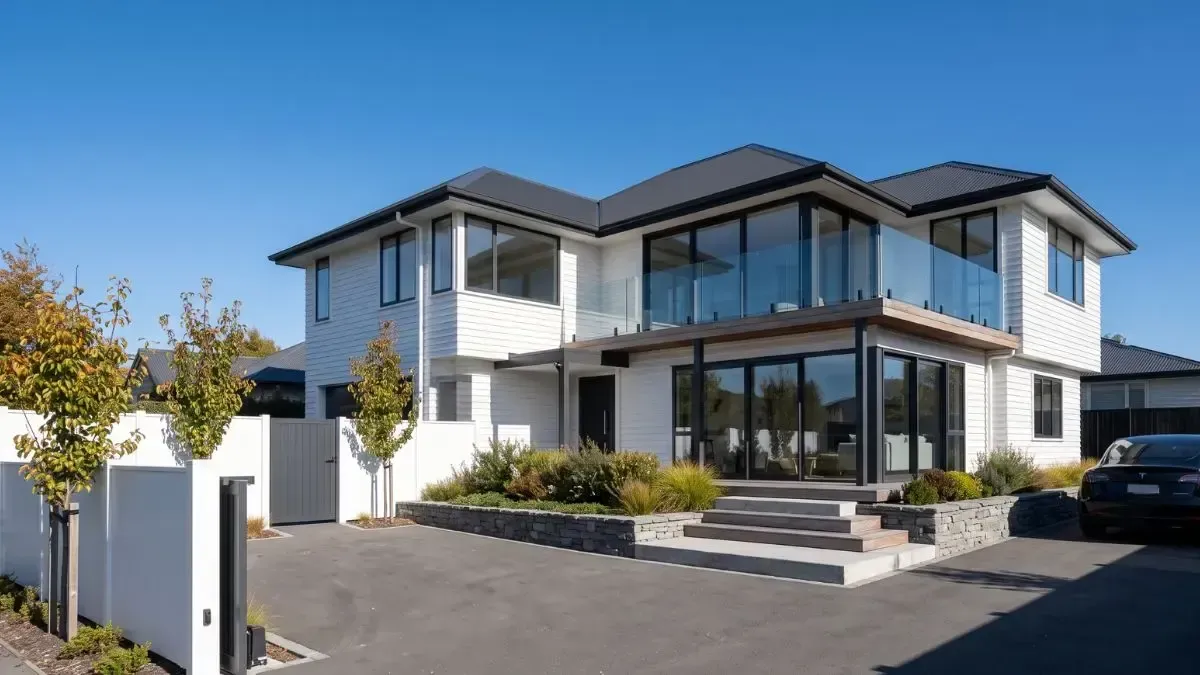 Modern two-story white house with large windows, driveway, and landscaped front yard under a clear sky