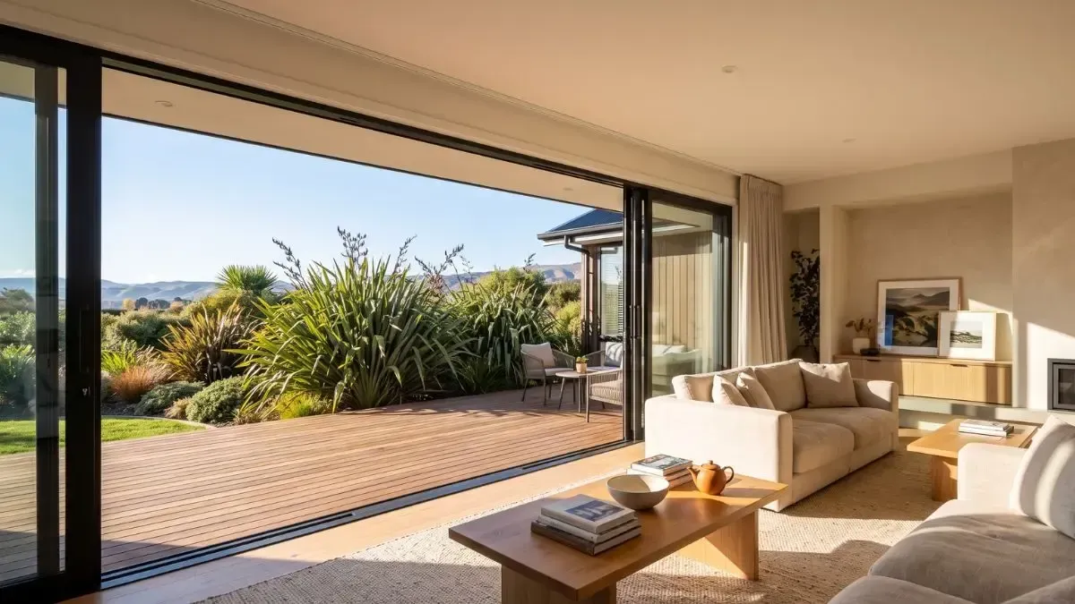 Modern living room with open sliding glass doors to a sunny patio and garden view