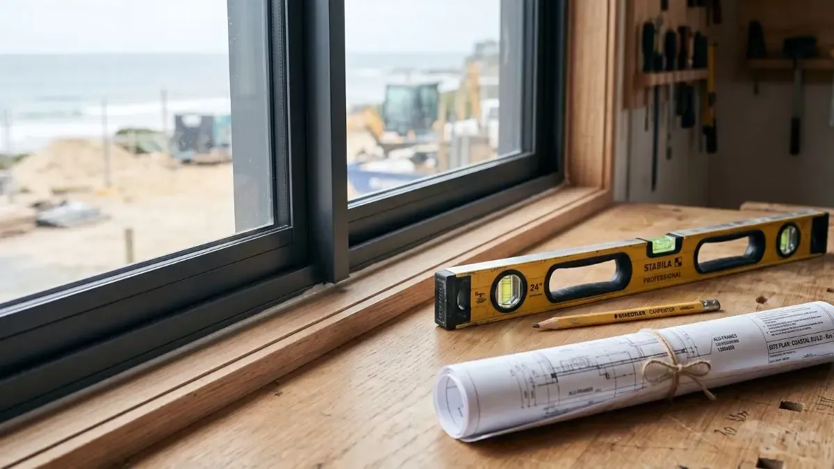 Window ledge with a yellow spirit level and rolled blueprint beside a seaside view
