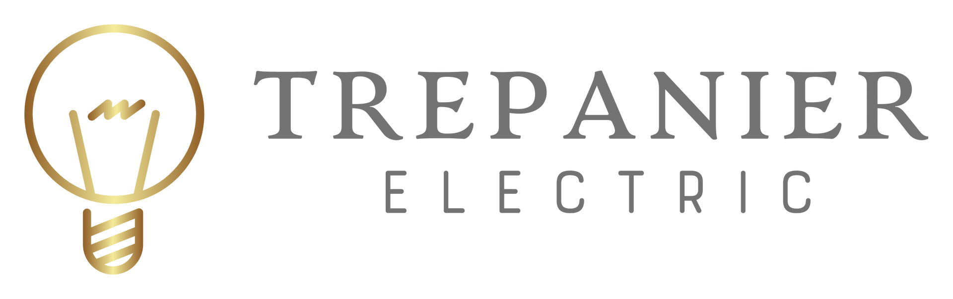 Logo for Trepanier Electric, featuring a gold lightbulb icon to the left of the company name in gray text.