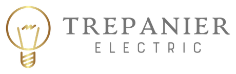 Logo for Trepanier Electric, featuring a gold lightbulb icon to the left of the company name in gray text.