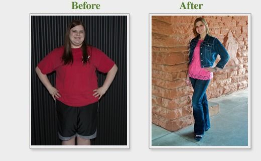 Before-and-after photos of the same person, standing in casual clothes indoors.