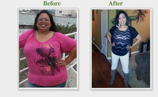 Side-by-side “Before” and “After” photos of a woman showing a weight-loss transformation.