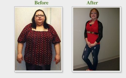Before-and-after photos of a person standing indoors, showing a red dress outfit change and weight loss.