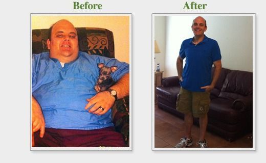 Before-and-after comparison of a man’s weight loss, shown seated in blue and then standing in blue shirt and shorts.