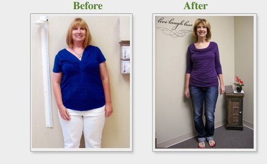 Before-and-after weight loss photos of a woman in blue and purple tops, standing indoors.