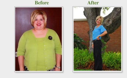 Before-and-after photos of a woman, showing weight loss in a lime-green top, then standing outdoors in a blue shirt and black pants.
