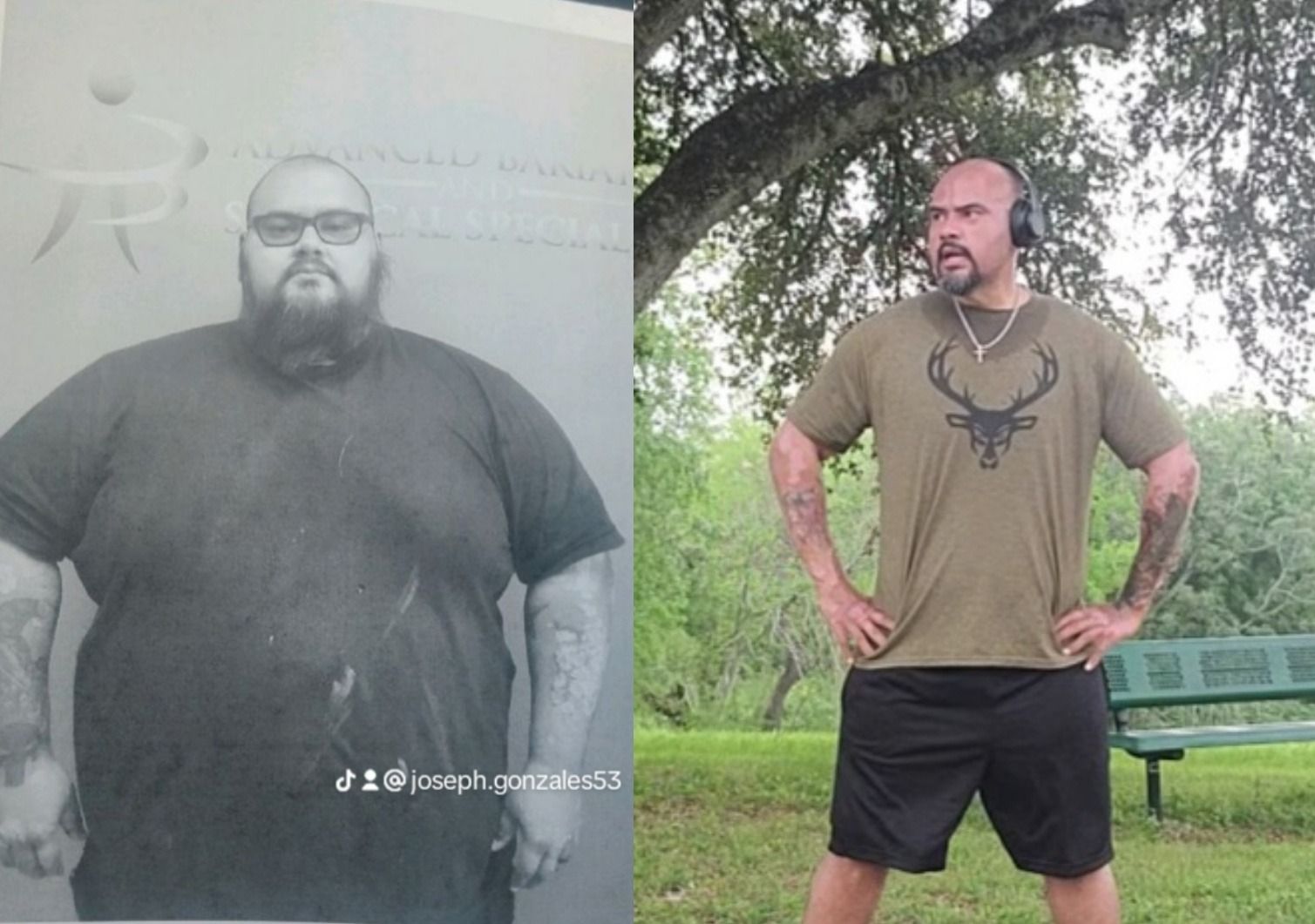 Side-by-side transformation: heavier man in dark shirt and glasses beside slimmer man standing outdoors in green shirt.
