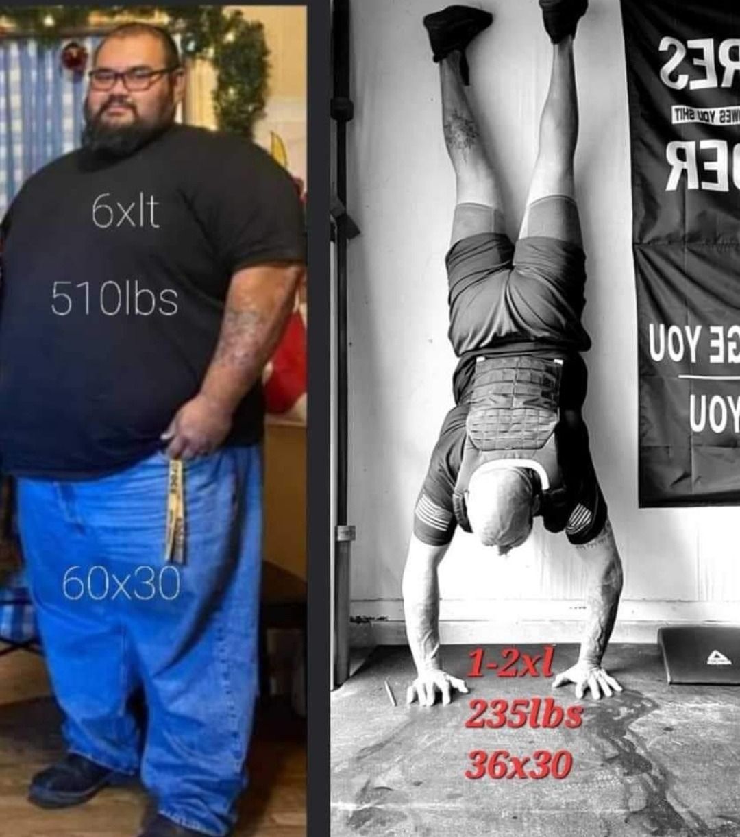 Before-and-after fitness progress collage: man beside an upside-down handstand photo, with weight and waist measurements overlaid.