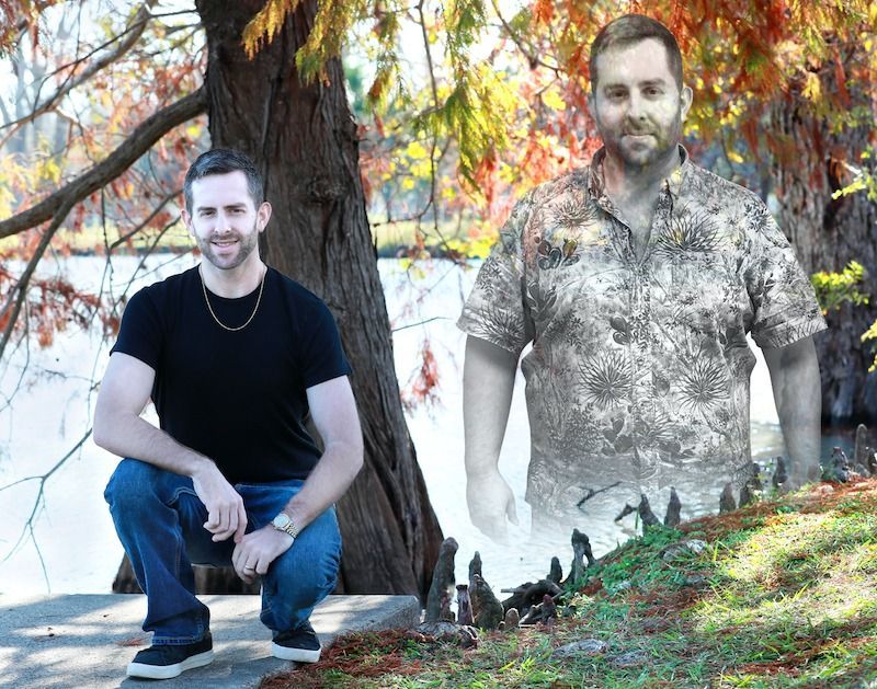 Two versions of the same man outdoors by a tree, one seated in black, one standing in a patterned shirt