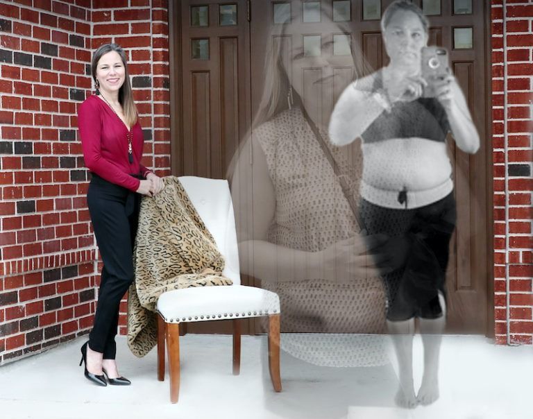 Woman in red sweater stands by chair against brick wall, with ghostly superimposed figures in the foreground.