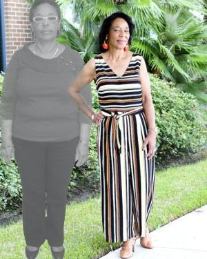Woman in striped dress standing outdoors with one faded grayscale figure beside her