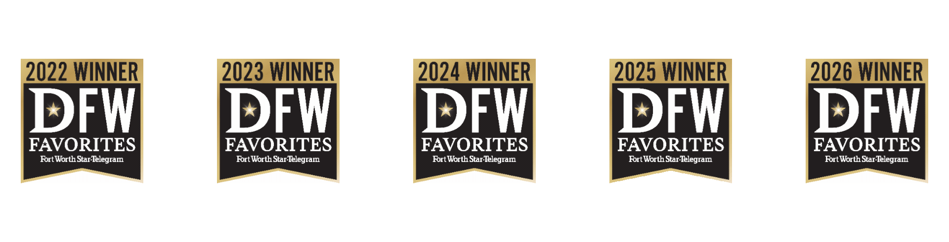 Five small black-and-gold “DFW Favorites” logo badges on a white background.