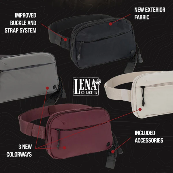 Lena Collection waist bags in black, gray, burgundy, and cream with feature callouts and accessories