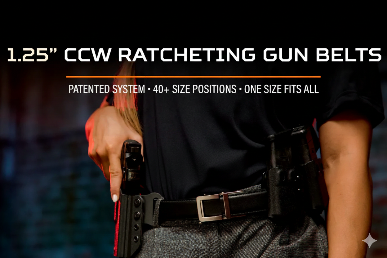 Person wearing a black ratcheting gun belt with buckle, shown in close-up product ad.