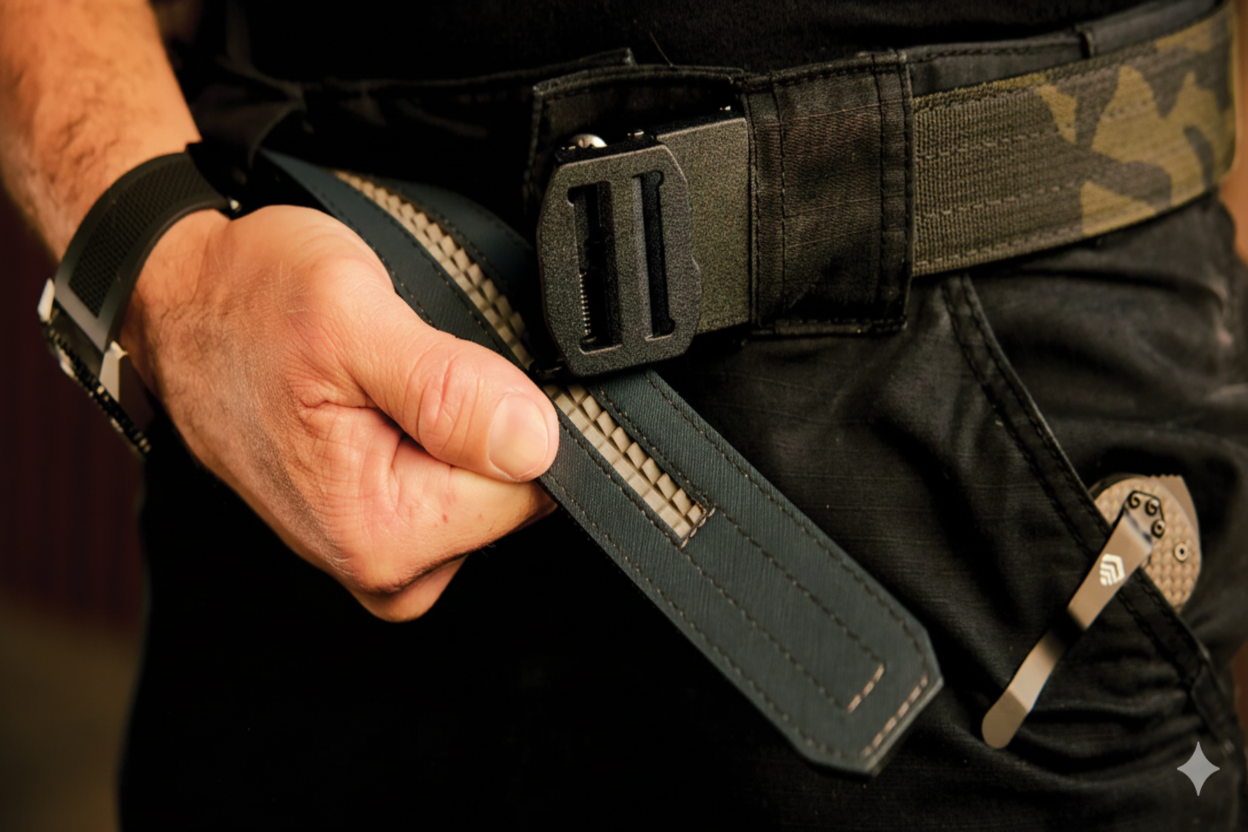 Hand holding a black tactical belt with a hanging green strap and metal clip