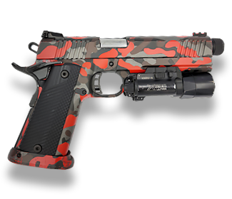 Black handgun with red camouflage pattern and mounted flashlight on a white background