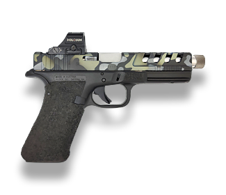Camouflaged handgun with black grip and red dot sight, shown in profile on white background