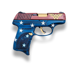 Patriotic blue handgun with white stars and Wonder Woman logo accents