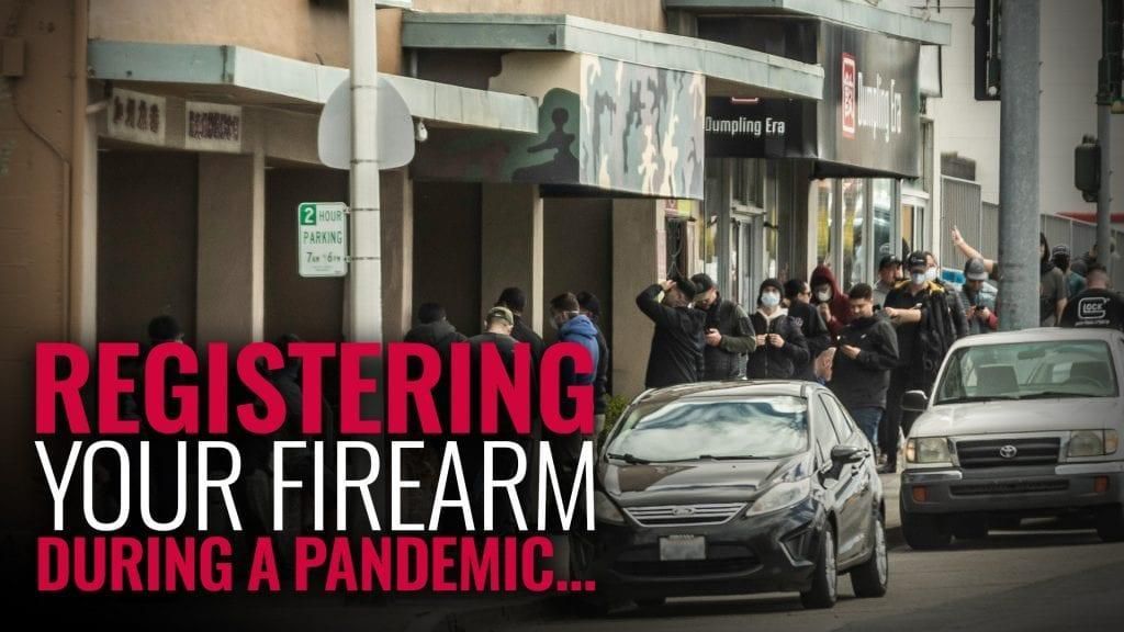 A crowd of people standing in a line outside a business on a city street under text reading: REGISTERING YOUR FIREARM.