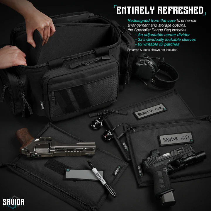 Black tactical bag and firearm accessories arranged on a dark surface, with “Entirely Refreshed” text.