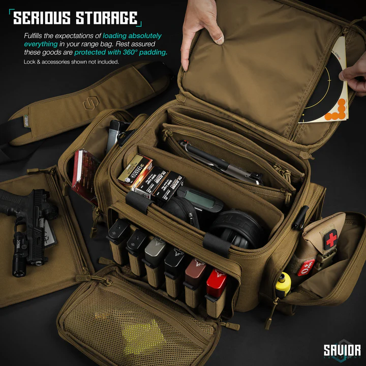 Tan tactical storage bag open with organized gun magazines, tools, and accessories
