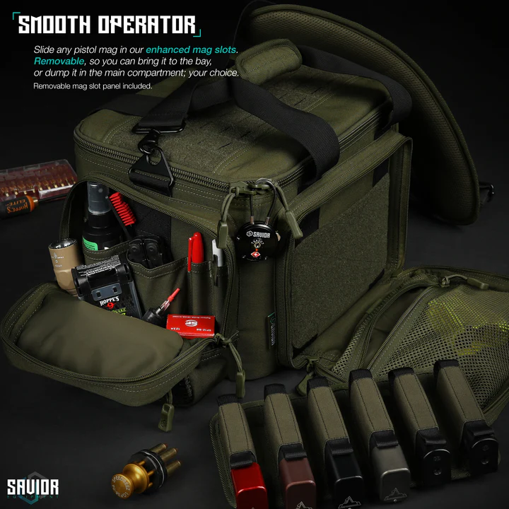Tactical green gear bag with ammo, tools, and magazines laid out on a dark background.
