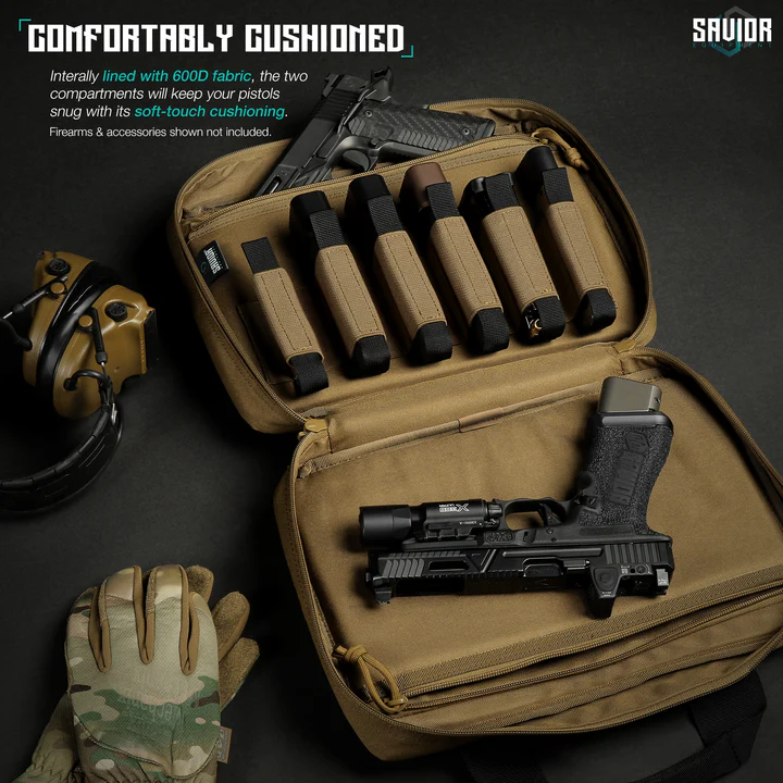Tan tactical gear case with pistol, magazines, gloves, and headphones on a dark background
