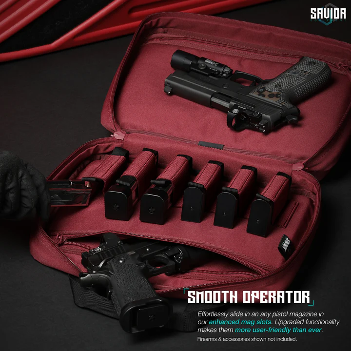 Red pistol case with handgun, magazines, and flashlight on a dark background
