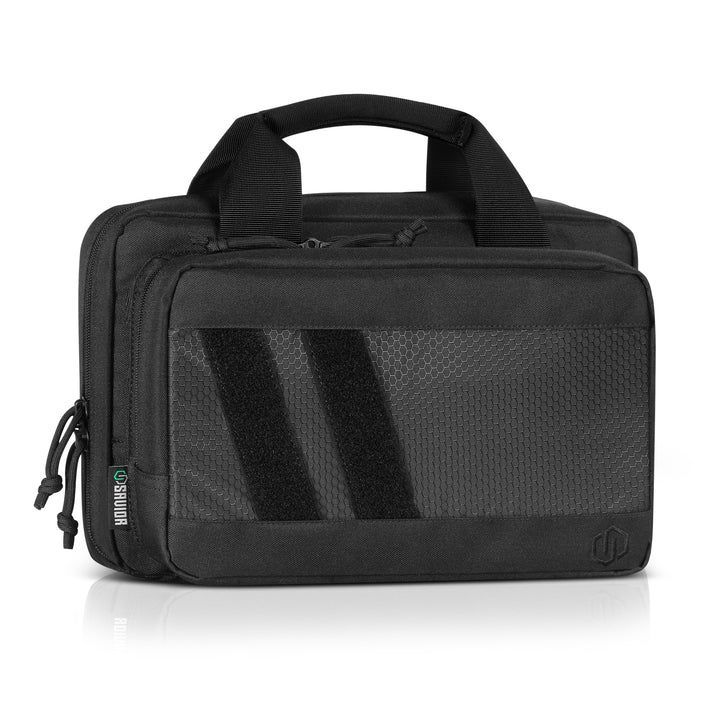 Black laptop briefcase with handles and shoulder strap on a white background