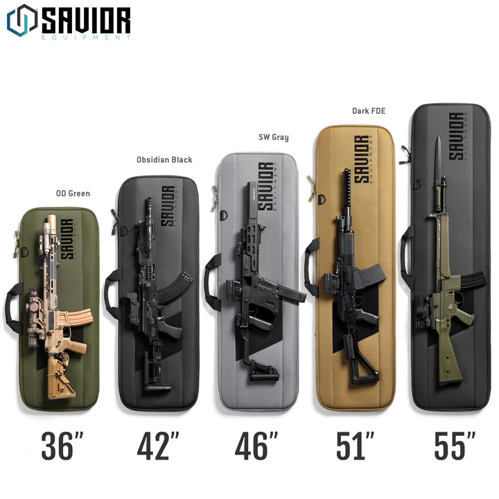 Five rifle cases in green, black, gray, tan, and dark gray, labeled 36