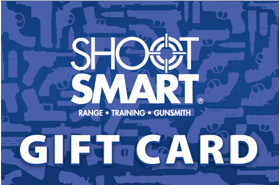 Shoot Smart gift card on a blue camouflage background with white text.