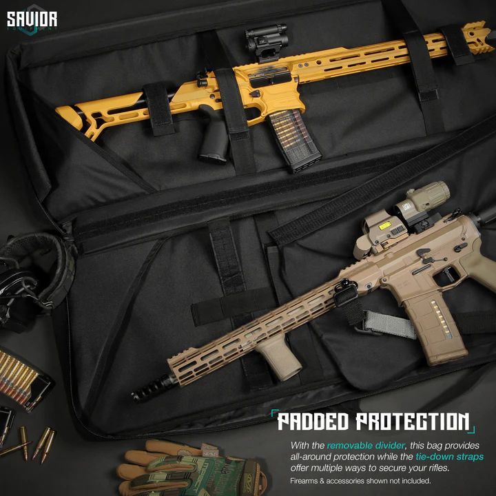 Two tactical rifles in a black padded rifle case, one yellow and one tan, with ammunition nearby