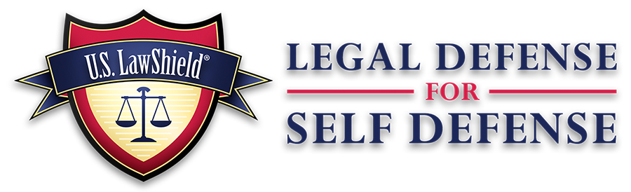 U.S. LawShield shield logo with scales and text “LEGAL DEFENSE FOR SELF DEFENSE” in blue and red
