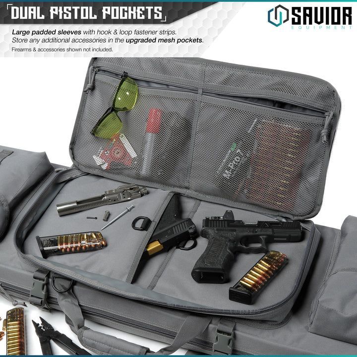 Open gray pistol pouch with mesh pockets holding a handgun, magazines, and accessories on a tactical bag.