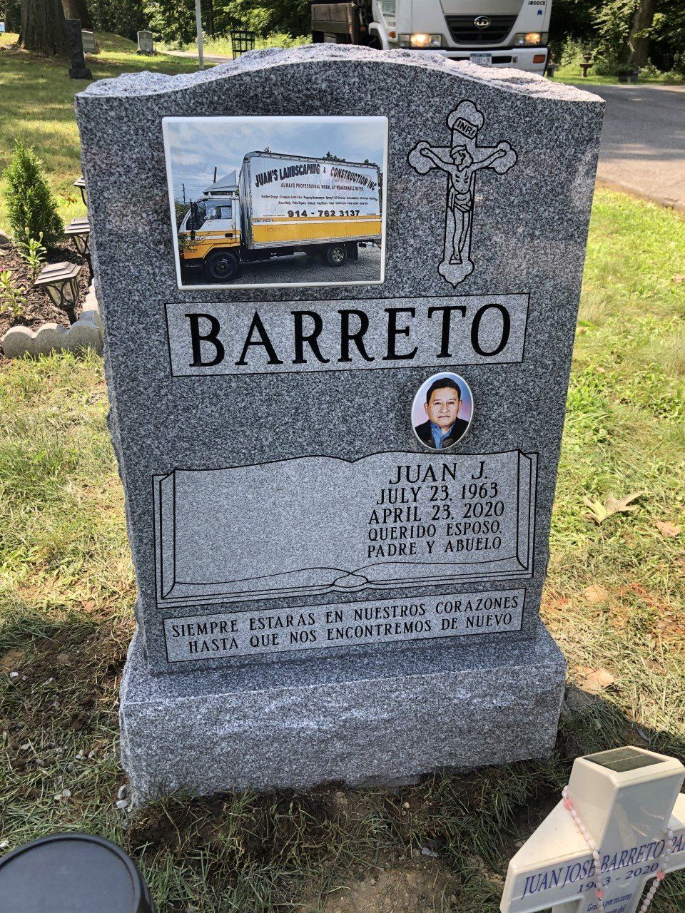 Barreto Barre Grey Polished 2 BRP Side Serp Top Porcelain Photo Flat Carved Design Deep Cut Lettering