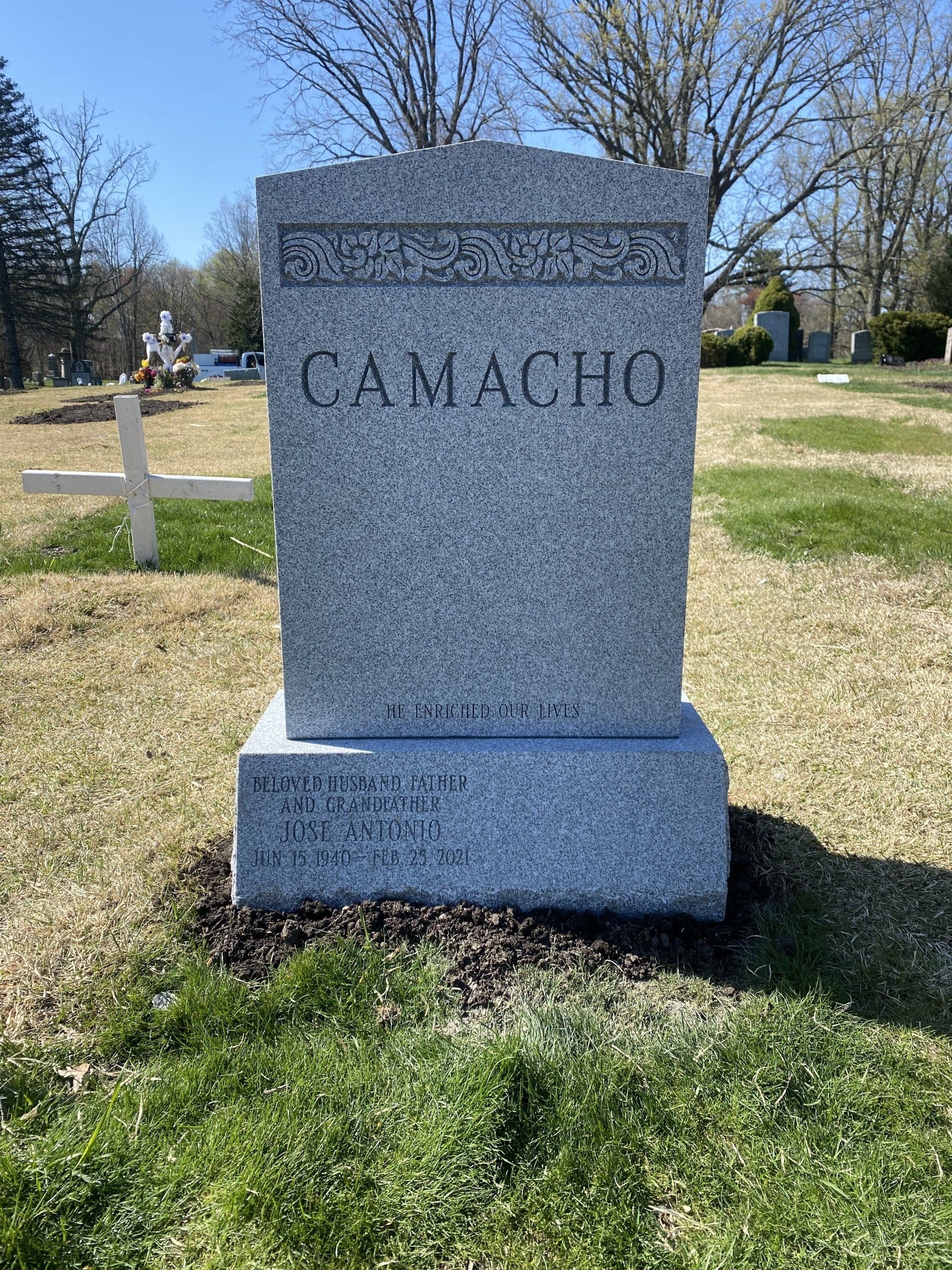 Camacho Barre Grey Steeled 5 Raised Shape Carved Floral Design Beveled Base V Sunk Lettering Single Upright Roof Top