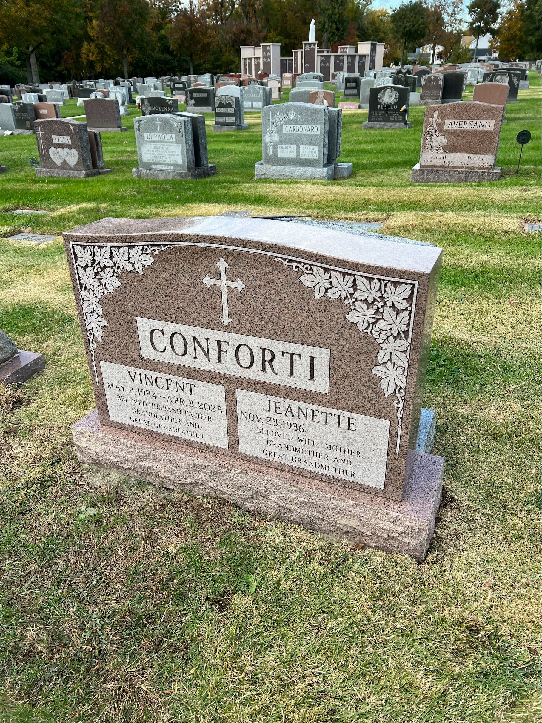 Conforti Pink Polished 5 Flat Carved Floral Design Deep Cut Lettering Double Wide Upright Serp Top