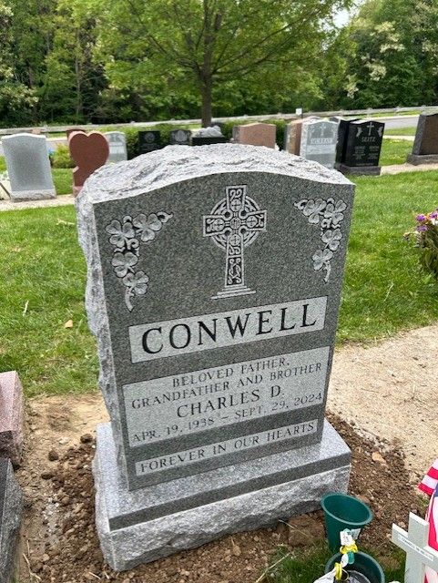 Conwell Barre Grey Granite Shape Carved Florals Deep Cut Lettering Serp Top Polished 2 BRP Sides Polished Margin