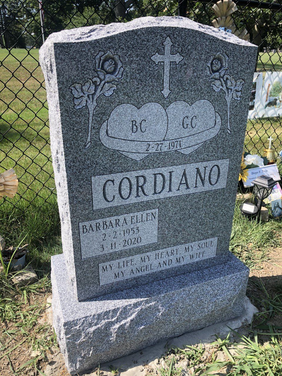 Cordiano Barre Grey Single Upright Die Polished 2 BRP Sides Serp Top Deep Carved Roses Deep Cut Lettering Panels Heart Design