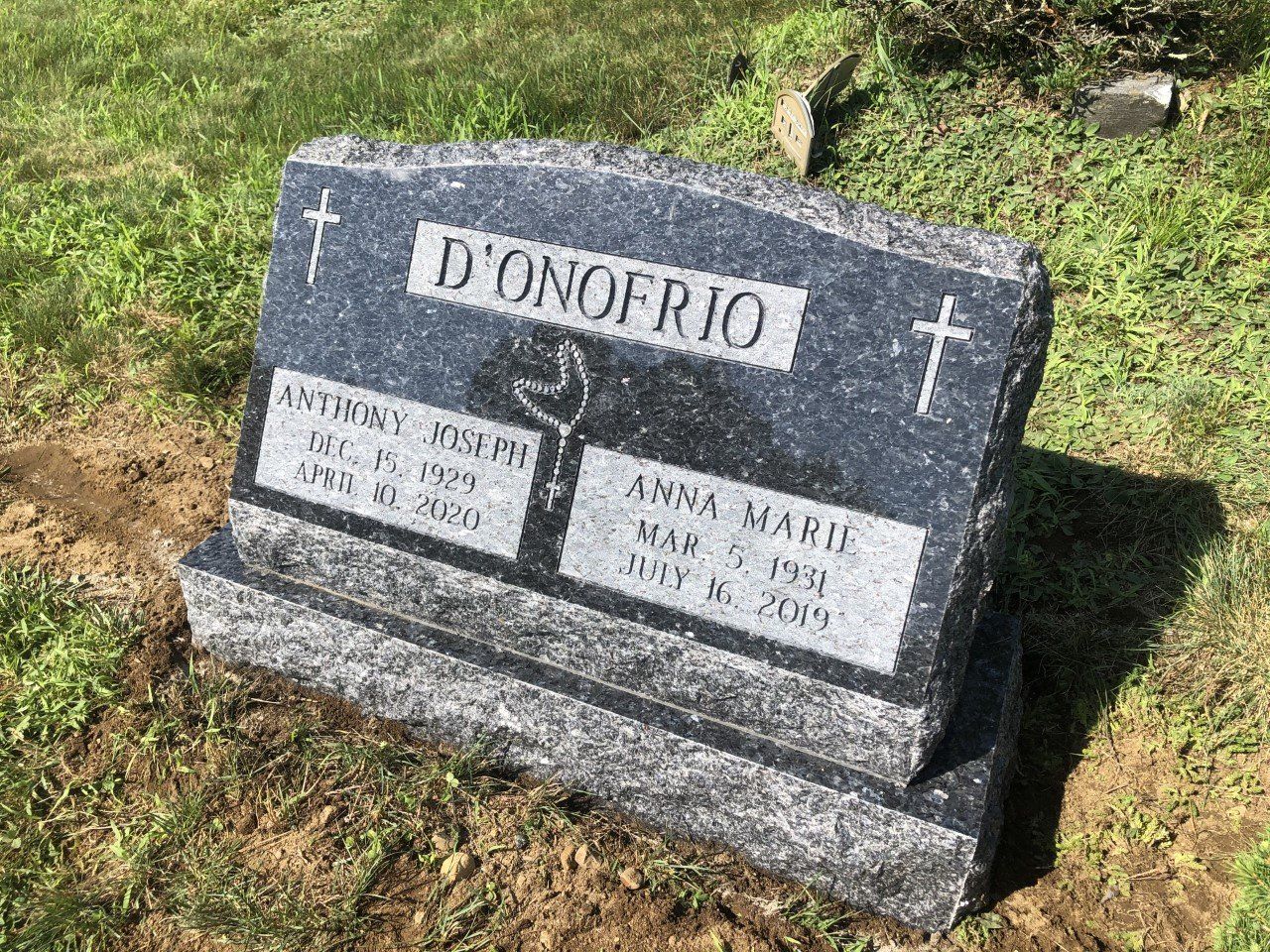 D'Onofrio blue pearl serp top flat carved designs multiple names rosary beads cross base deep carved lettering brp sides